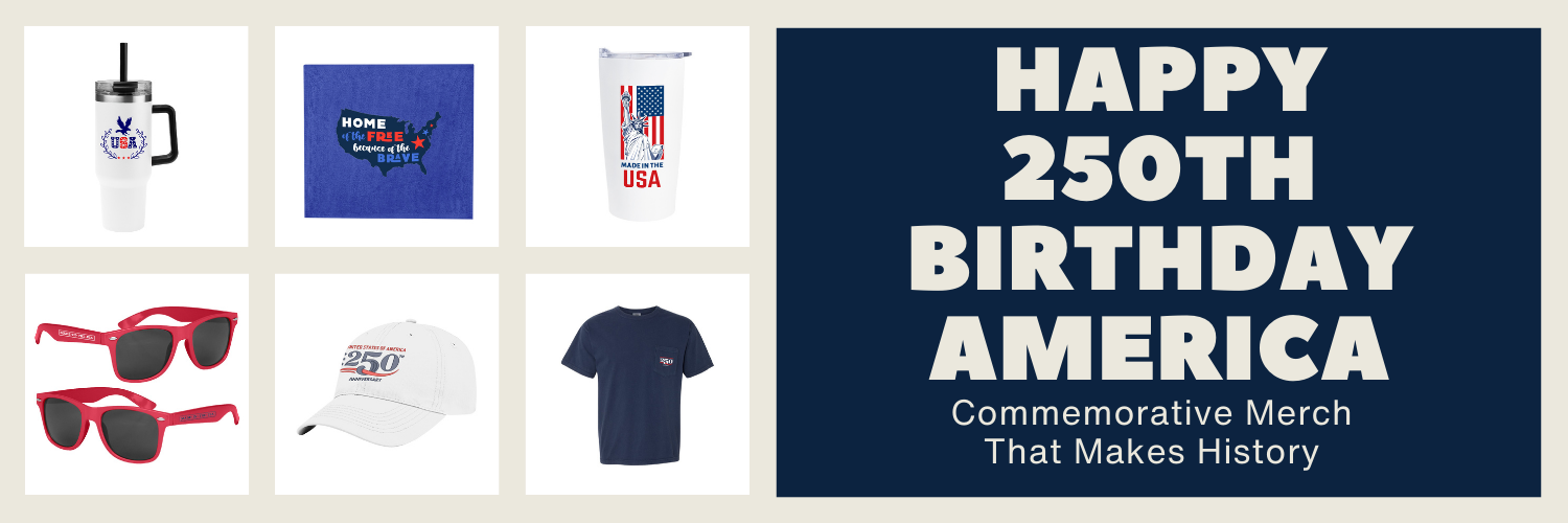 Commemorative promotional merchandise for America’s 250th anniversary featuring patriotic apparel and drinkware