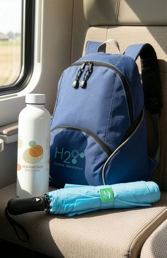 Branded blue backpack with water bottle and compact umbrella displayed for back-to-school promotional products and event giveaways