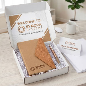 Corporate onboarding kit with branded notebook, pen, and welcome materials packaged in a box for new employee welcome gift