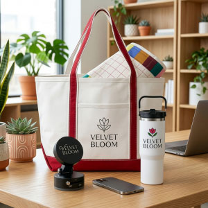 Branded canvas tote bag with red handles, reusable drinkware, and magnetic phone holder displayed on a desk as part of a back-to-school promotional kit