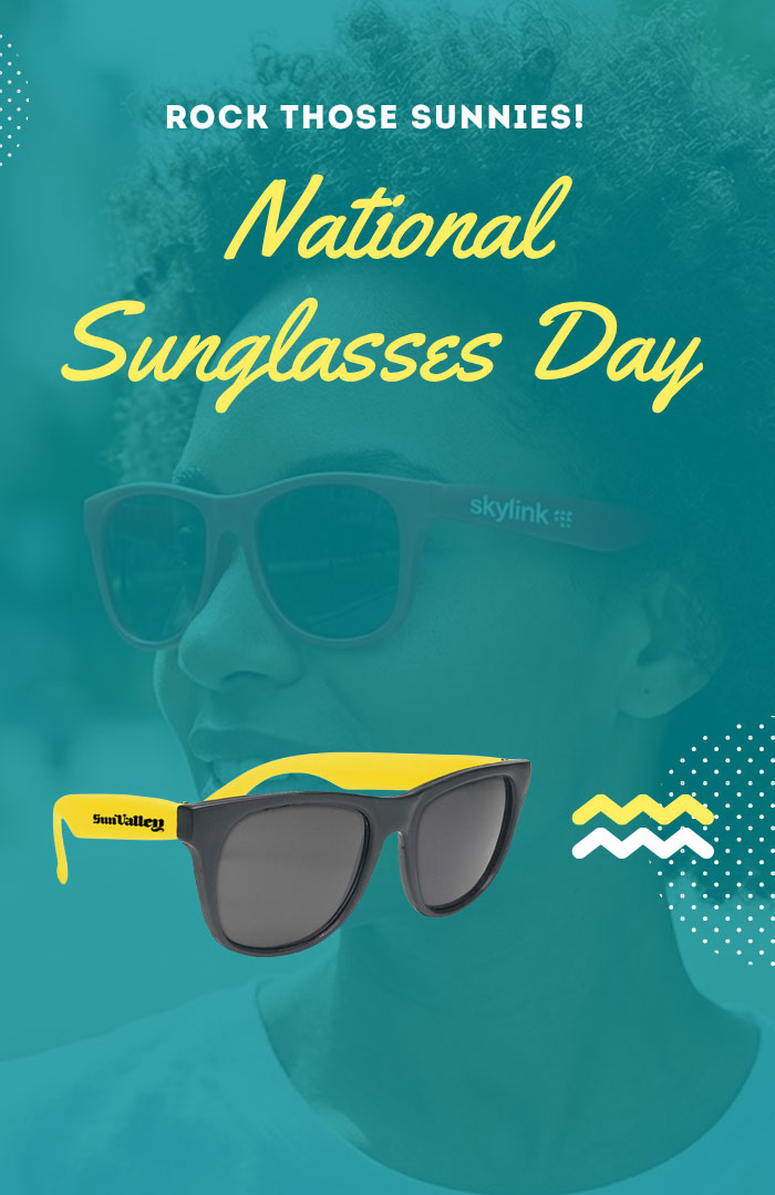 Black frame promotional sunglasses with colored arms featured for National Sunglasses Day summer event giveaways