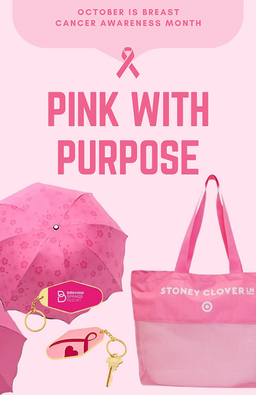 Breast Cancer Awareness Month graphic featuring pink promotional products including umbrella, tote bag, and accessories with “Pink with Purpose” messaging